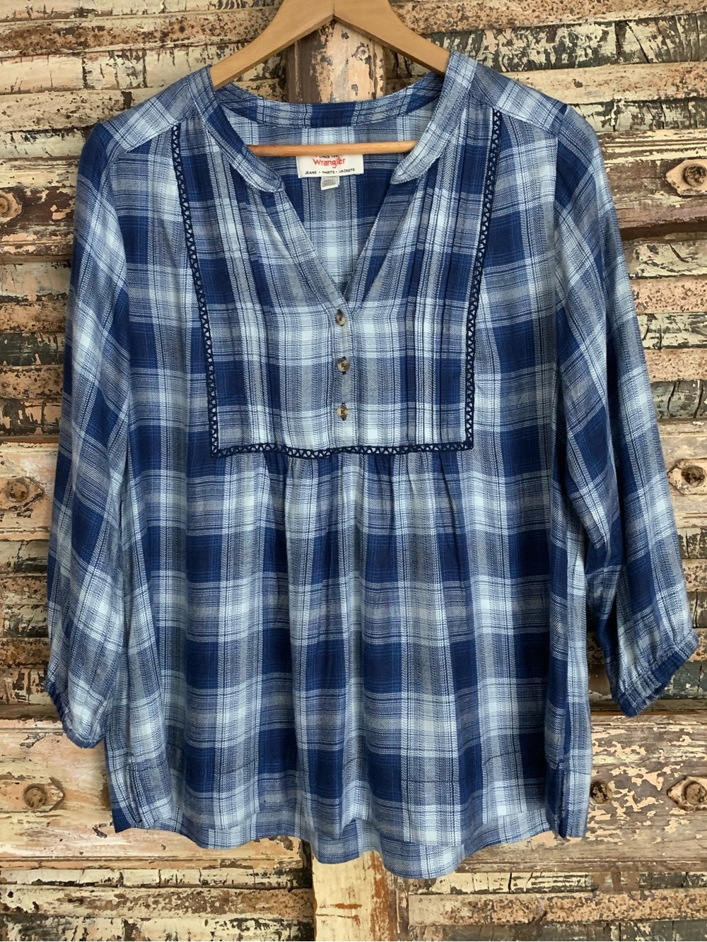 Wrangler Blue Plaid Peasant Blouse, Long Sleeve Lace Trim Top, Soft Viscose, S
